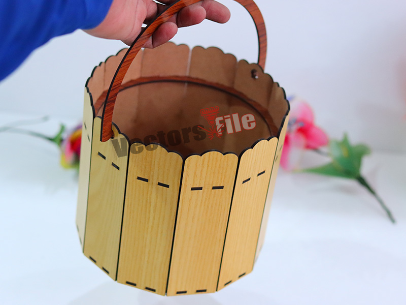 Laser Cut Wooden Round Gift and Storage Basket with Handle Design