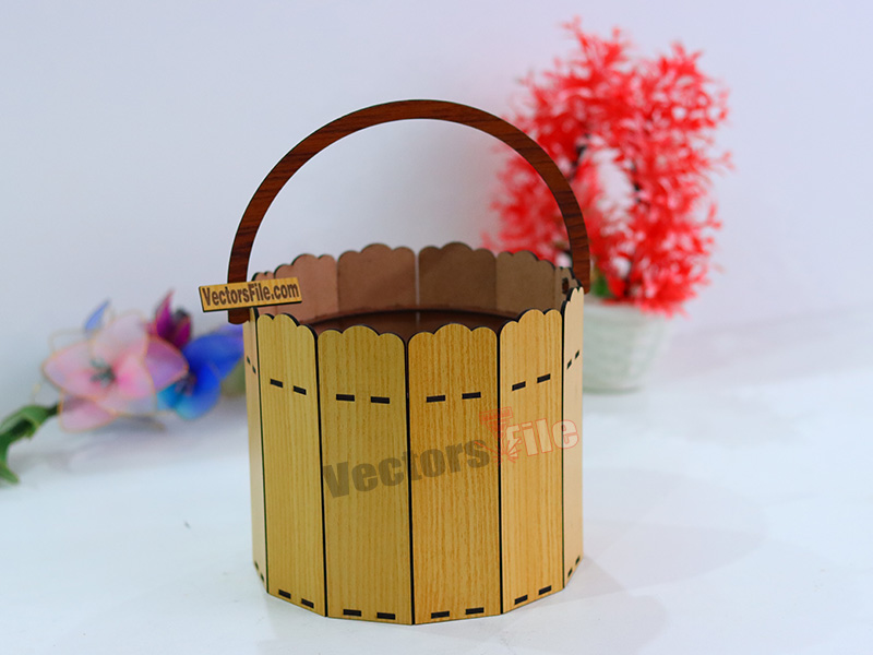 Laser Cut Wooden Round Gift and Storage Basket with Handle Design