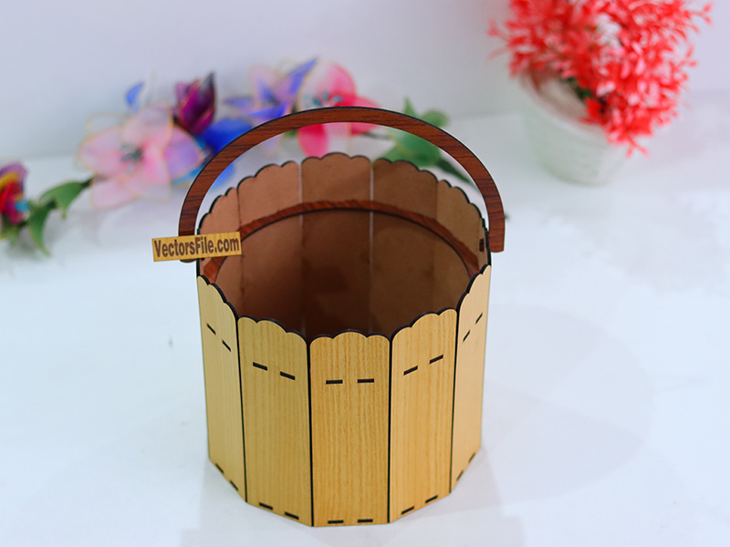 Laser Cut Wooden Round Gift and Storage Basket with Handle Design