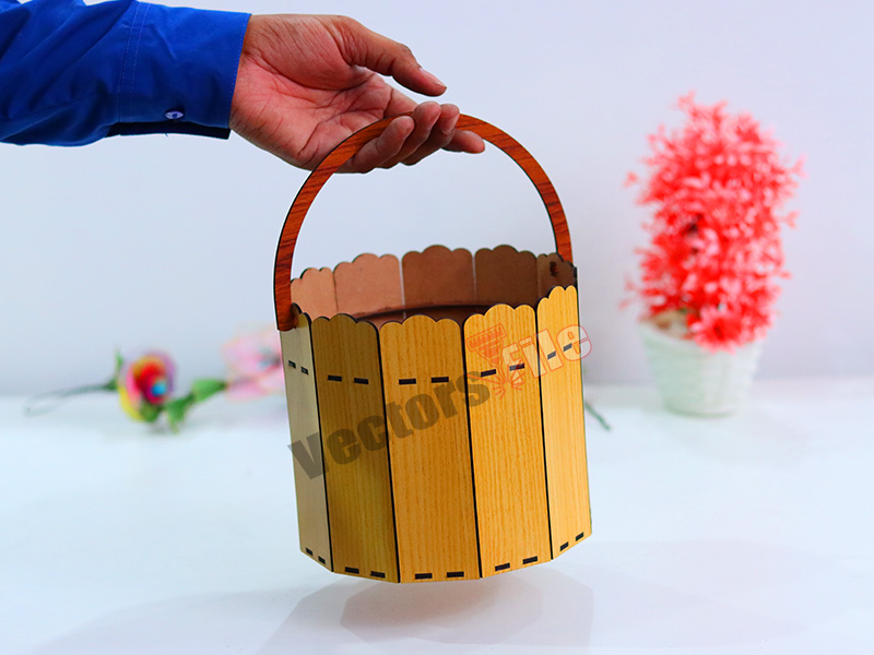 Laser Cut Wooden Round Gift and Storage Basket with Handle Design