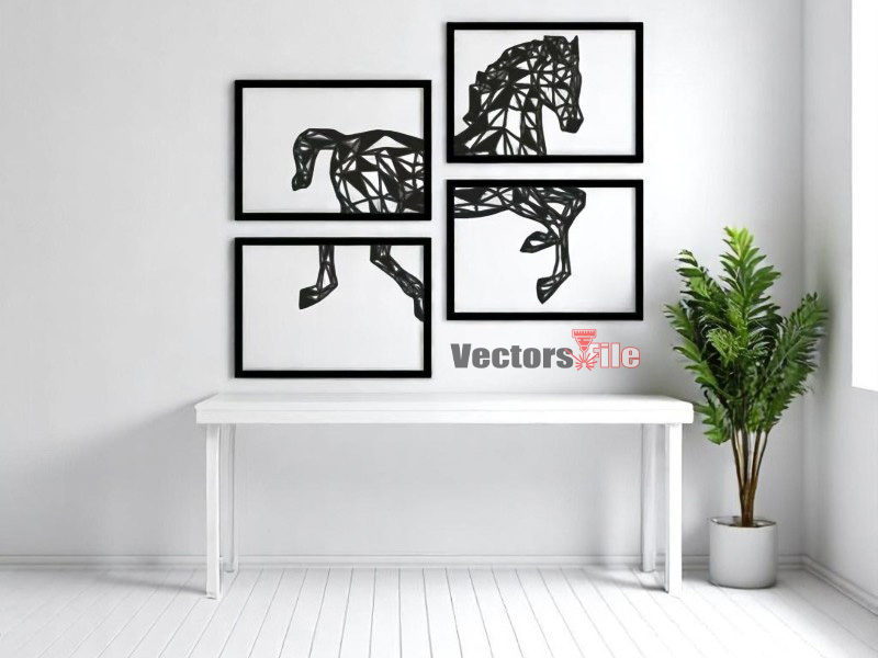 Laser Cut 4 Pieces Box Style Running Horse Wall Art Frame Design