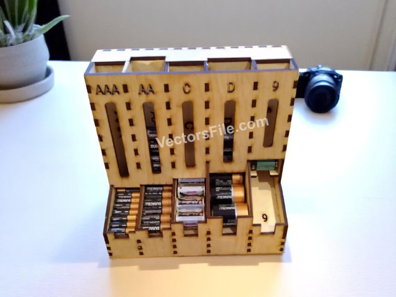 Laser Cut Wooden AA AAA C D 9V Battery Storage Organizer Dispenser