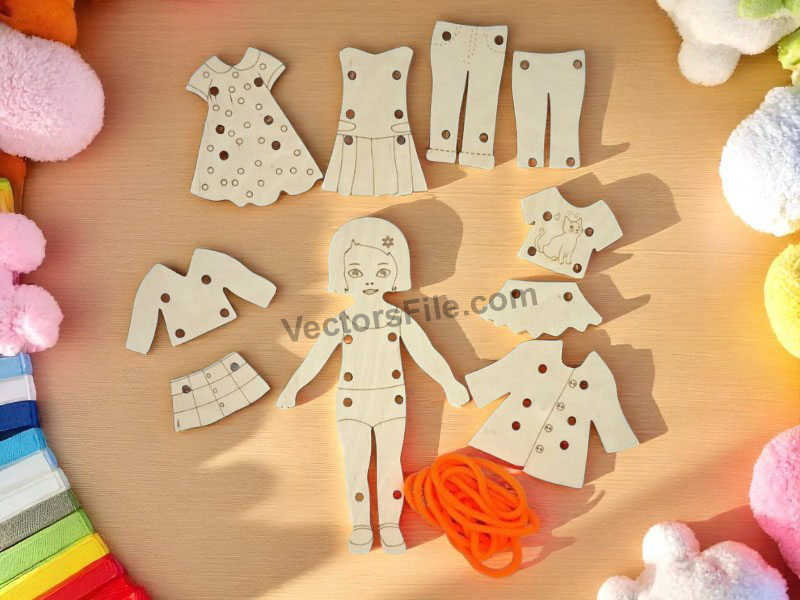 Laser Cut Wooden Dress Up Cute Doll Set Designed for Children