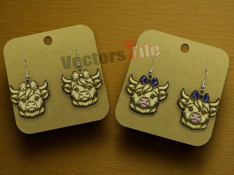 Laser Cut Highland Cow Wooden Dangle Earring Design