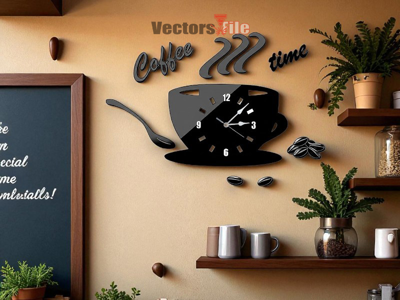 Coffee Cup Fancy Wall Clock Design 3D Laser Cut Clock Template