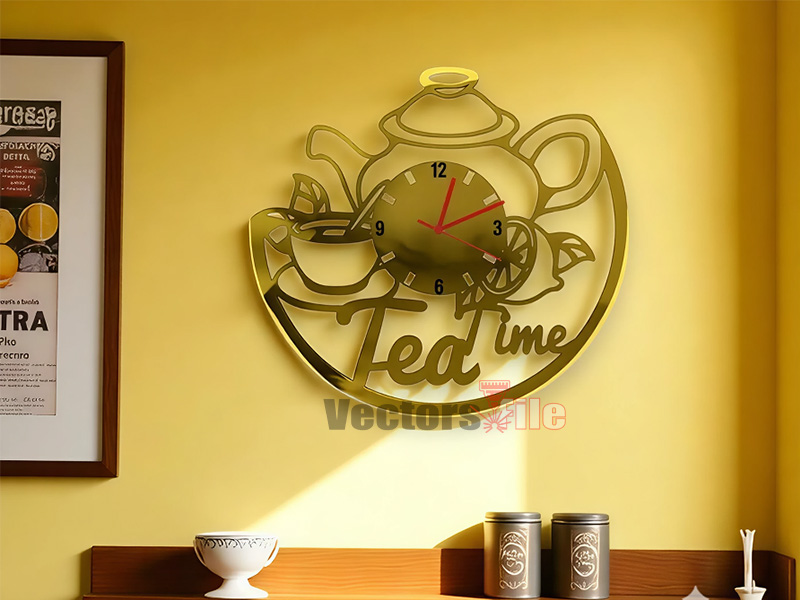 Tea Time Laser Cut 3D Wall Clock Design for Kitchen Decor Idea