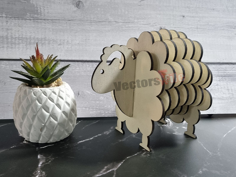 Laser Cut Sheep Shaped Coaster with Coaster Holder