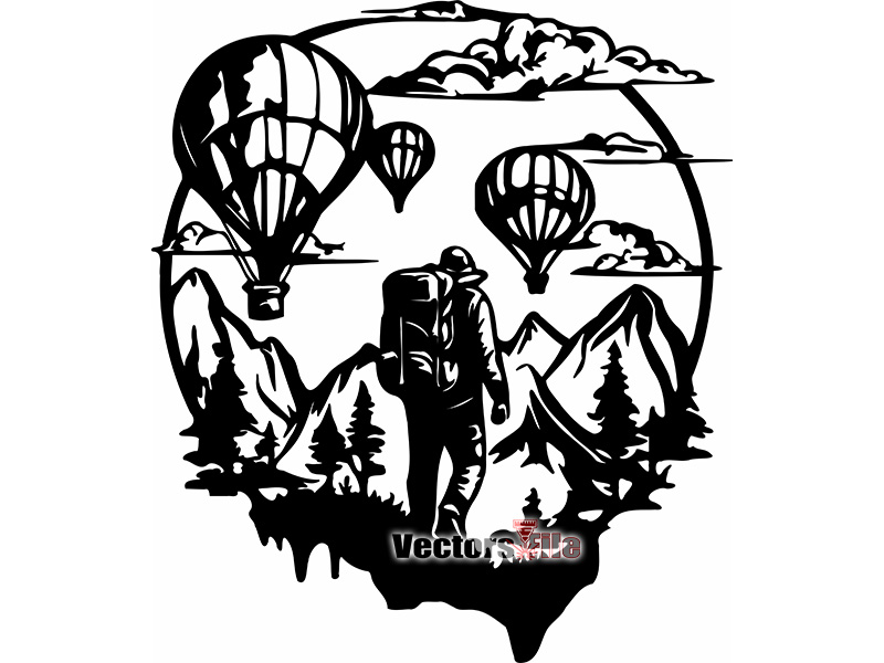 Laser Cut Wall Art Hot Air Balloons with Mountain Landscape Frame