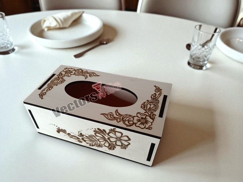 Laser Cut Wooden Tissue Box with Flower Pattern Decor Design Template