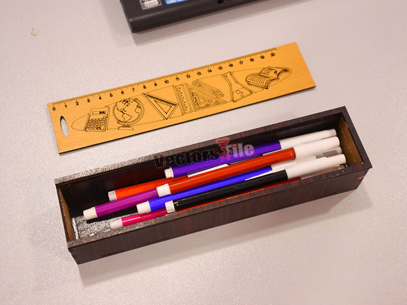 Laser Cut Wooden Pencil Geometry Box with Sliding Lid for Kids