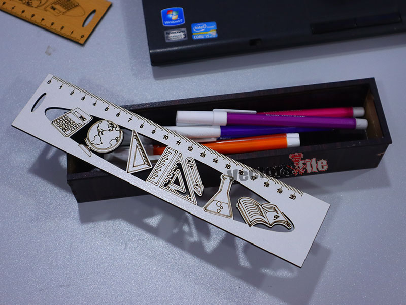 Laser Cut Wooden Pencil Geometry Box with Sliding Lid for Kids