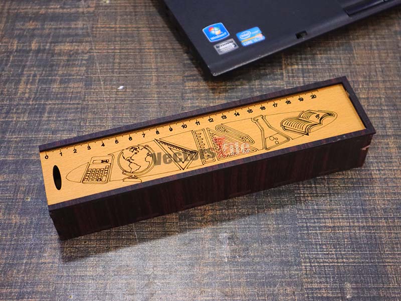 Laser Cut Wooden Pencil Geometry Box with Sliding Lid for Kids