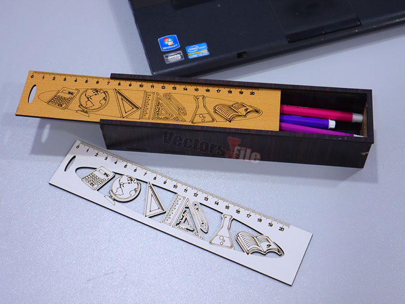 Laser Cut Wooden Pencil Geometry Box with Sliding Lid for Kids