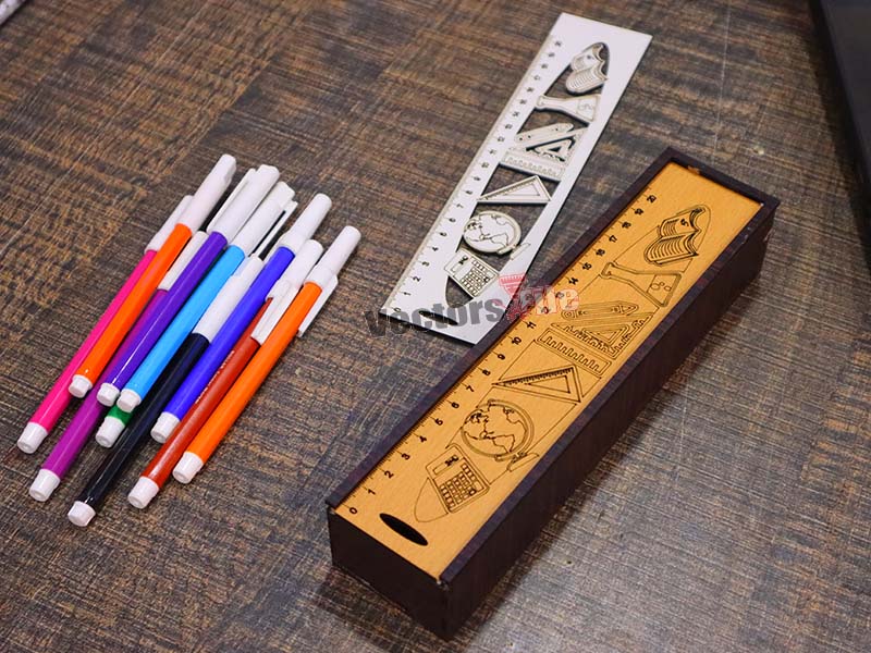 Laser Cut Wooden Pencil Geometry Box with Sliding Lid for Kids