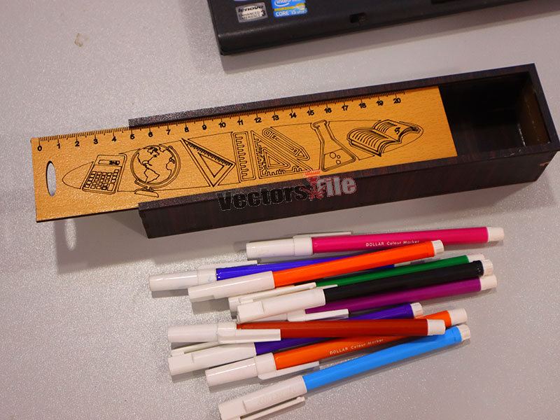 Laser Cut Wooden Pencil Geometry Box with Sliding Lid for Kids
