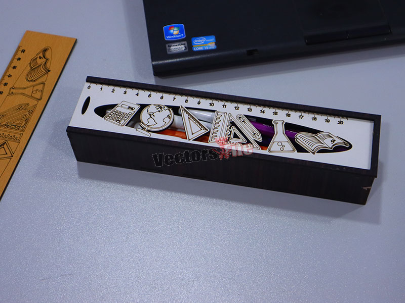 Laser Cut Wooden Pencil Geometry Box with Sliding Lid for Kids