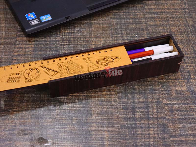 Laser Cut Wooden Pencil Geometry Box with Sliding Lid for Kids