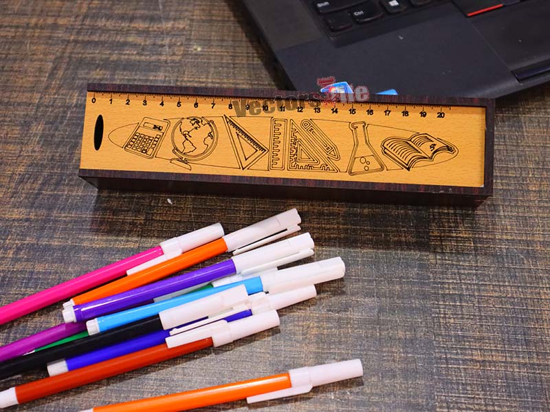 Laser Cut Wooden Pencil Geometry Box with Sliding Lid for Kids