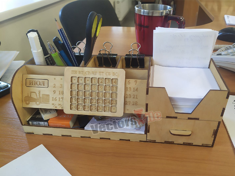 Laser Cut Wooden Office Design Organizer Storage Drawer and Calendar