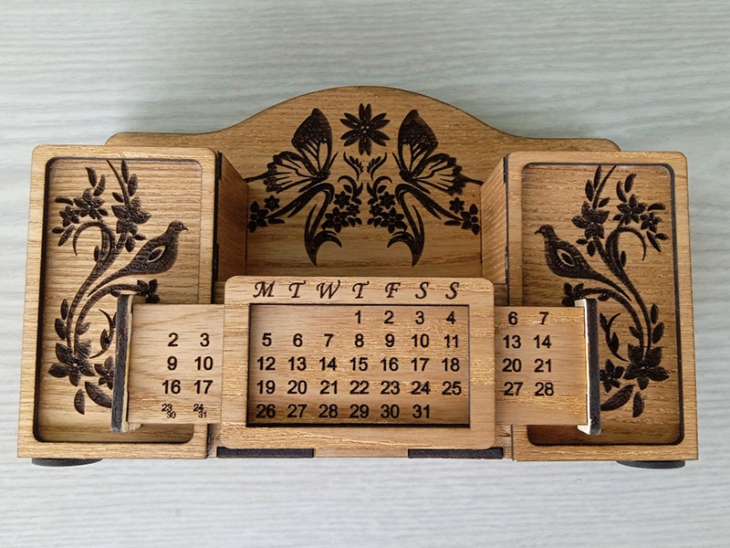 Laser Cut Desk Organizer with Calendar Mobile Phone Stand and Pen Holder