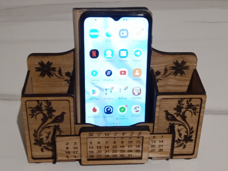 Laser Cut Desk Organizer with Calendar Mobile Phone Stand and Pen Holder