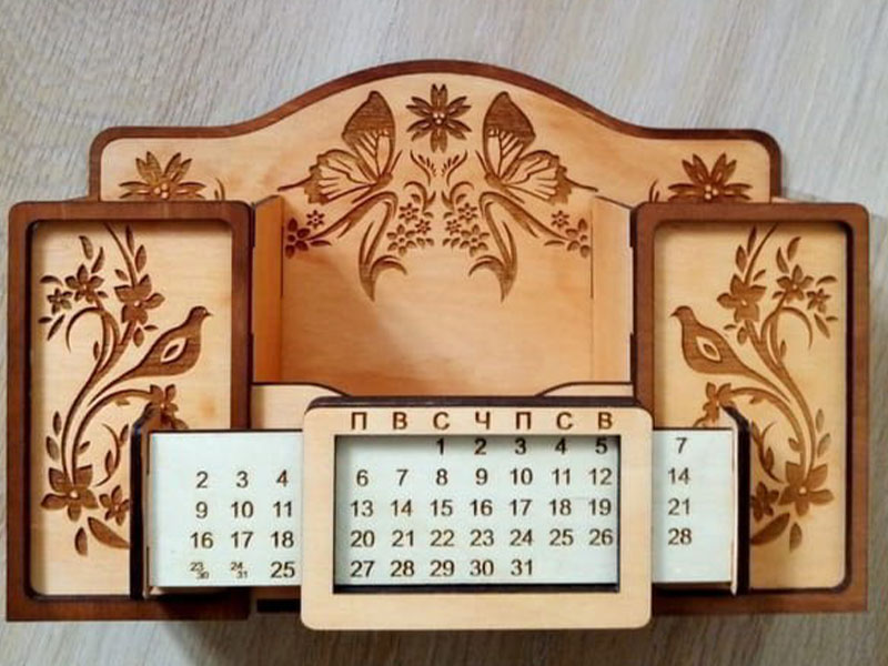 Laser Cut Desk Organizer with Calendar Mobile Phone Stand and Pen Holder