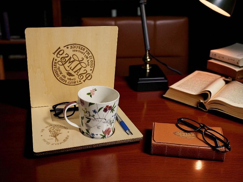 Laser Cut Wooden Table Desk Glasses and Book Place with Cup Holder Night Stand