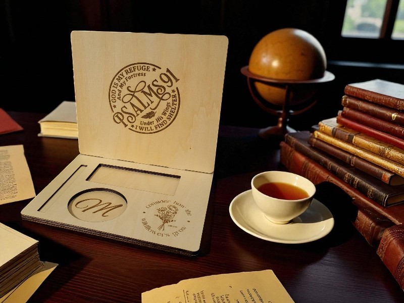 Laser Cut Wooden Table Desk Glasses and Book Place with Cup Holder Night Stand
