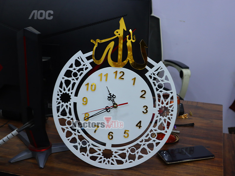 Laser Cut ISlamic Wall Clock with the Name of Allah Muslim Home Decor Idea