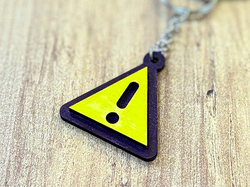Laser Cut Wooden Hazard Symbol Caution Keyring Design