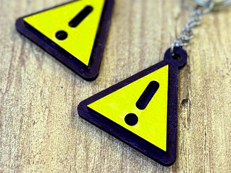 Laser Cut Wooden Hazard Symbol Caution Keyring Design