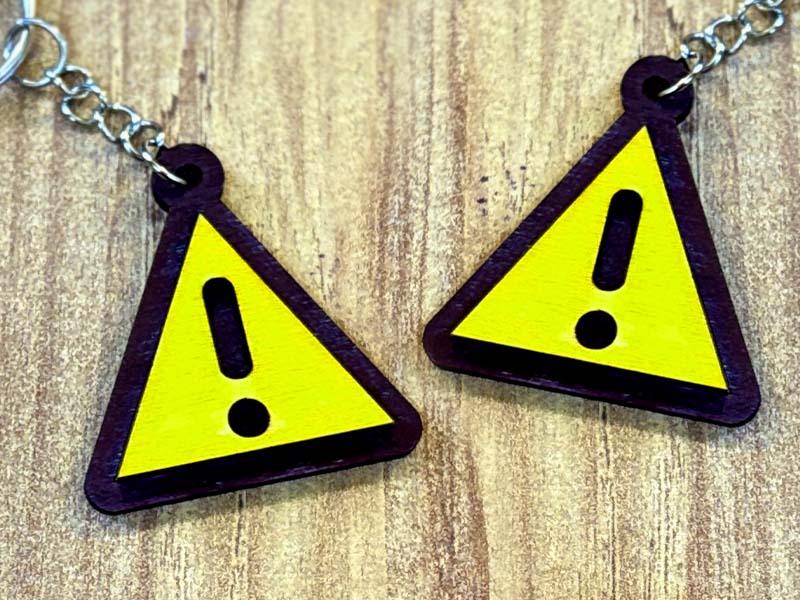 Laser Cut Wooden Hazard Symbol Caution Keyring Design