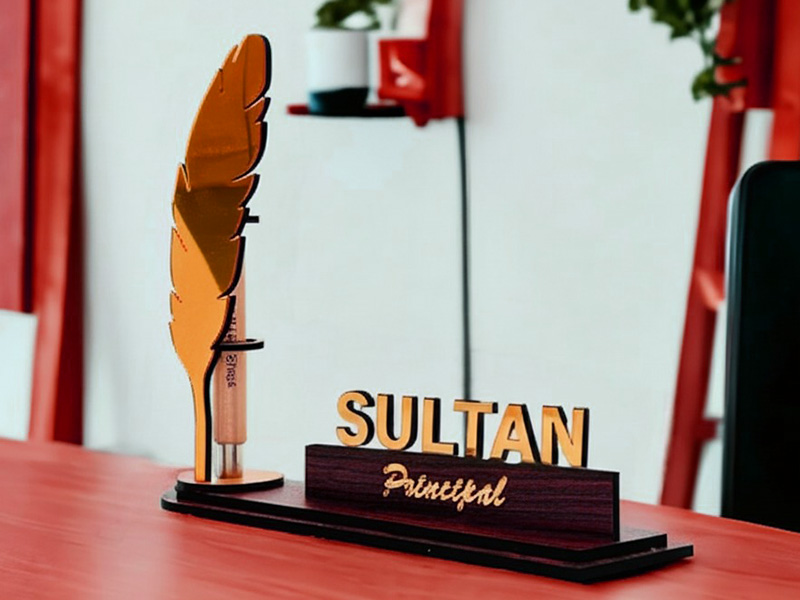 Laser Cut Personalized Desk Name Plate with Pen Holder Stand