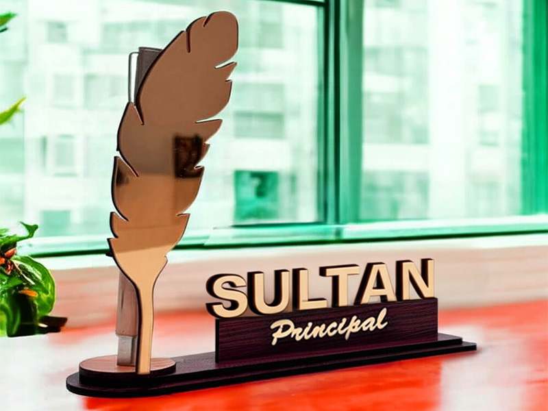 Laser Cut Personalized Desk Name Plate with Pen Holder Stand