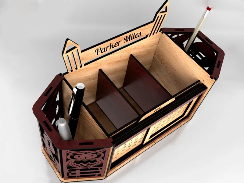 Laser Cut Wooden Desk Organizer with Perpetual Calendar Design