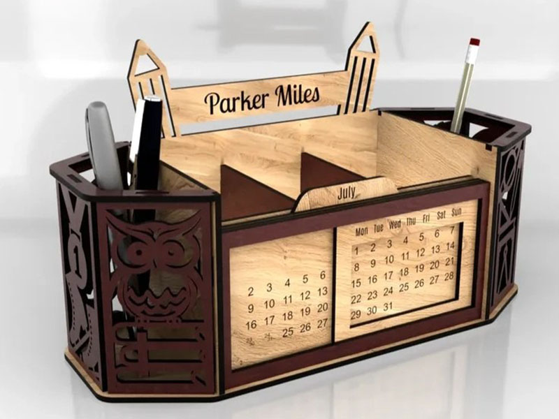 Laser Cut Wooden Desk Organizer with Perpetual Calendar Design