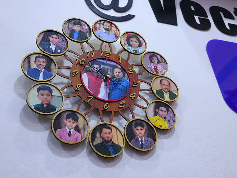 Laser Cut Wooden 12 Photo Frame Wall Clock Design
