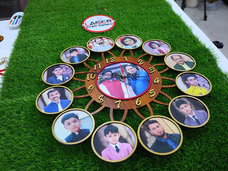 Laser Cut Wooden 12 Photo Frame Wall Clock Design