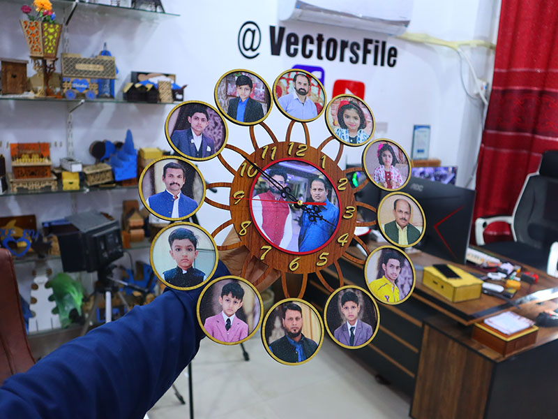 Laser Cut Wooden 12 Photo Frame Wall Clock Design