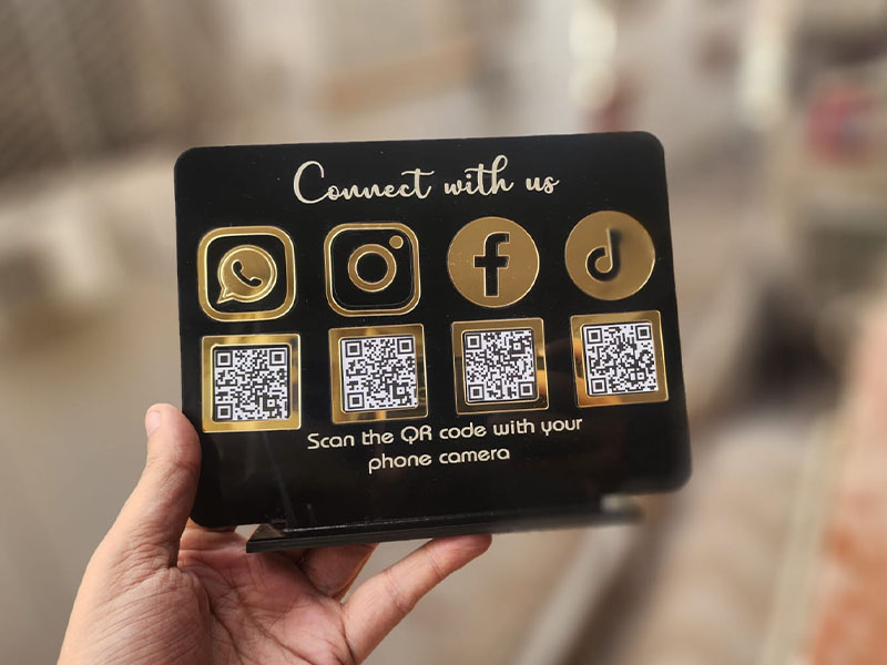 Laser Cut QR Code Stand Connect with us Social Media Sign Table Acrylic Stand
