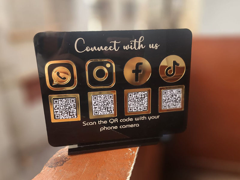 Laser Cut QR Code Stand Connect with us Social Media Sign Table Acrylic Stand