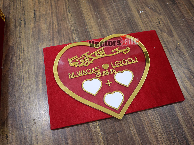 Laser Cut Nikah Plate Heart Shape Customized Thumb Frame with Golden Acrylic