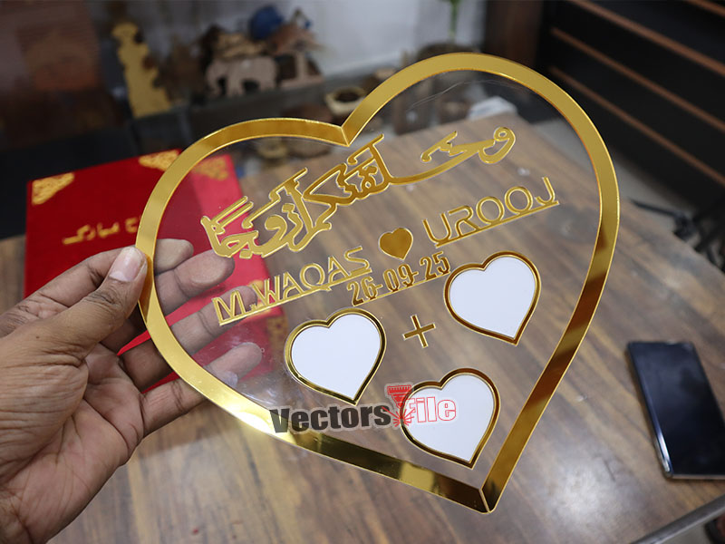 Laser Cut Nikah Plate Heart Shape Customized Thumb Frame with Golden Acrylic