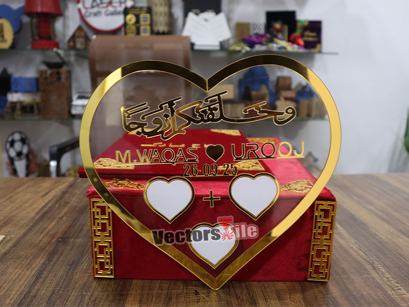 Laser Cut Nikah Plate Heart Shape Customized Thumb Frame with Golden Acrylic