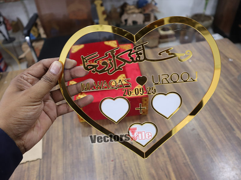 Laser Cut Nikah Plate Heart Shape Customized Thumb Frame with Golden Acrylic
