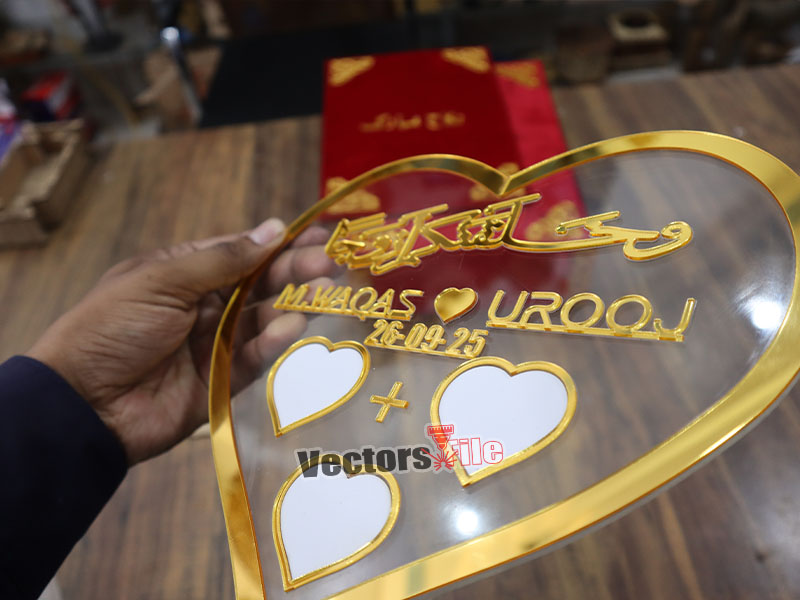 Laser Cut Nikah Plate Heart Shape Customized Thumb Frame with Golden Acrylic
