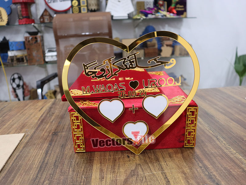 Laser Cut Nikah Plate Heart Shape Customized Thumb Frame with Golden Acrylic