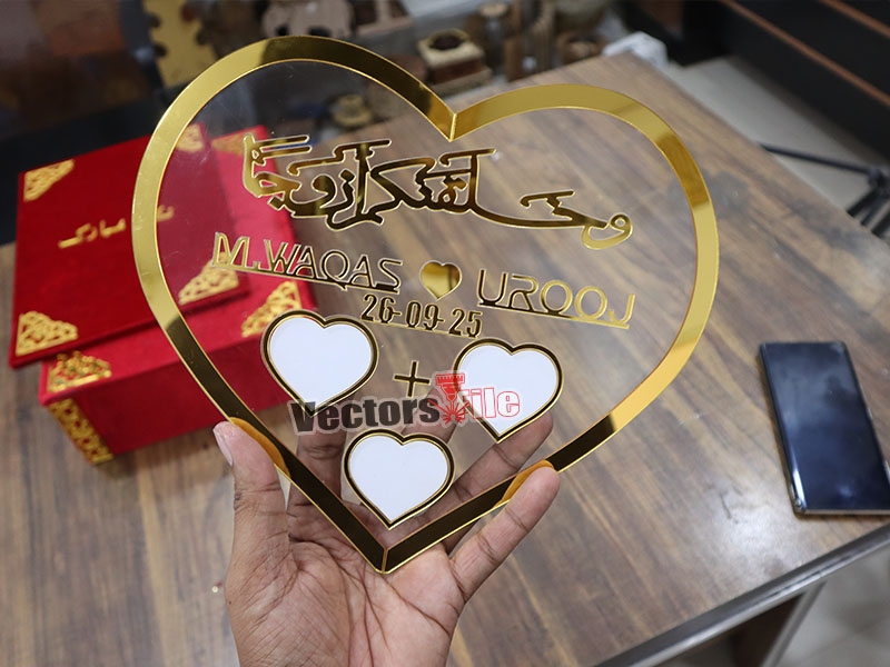 Laser Cut Nikah Plate Heart Shape Customized Thumb Frame with Golden Acrylic