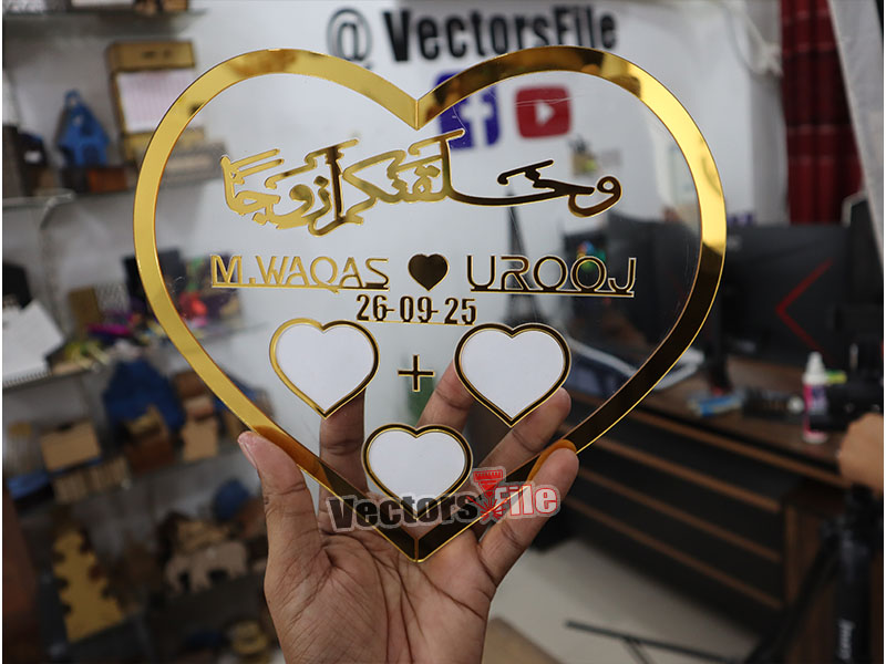 Laser Cut Nikah Plate Heart Shape Customized Thumb Frame with Golden Acrylic