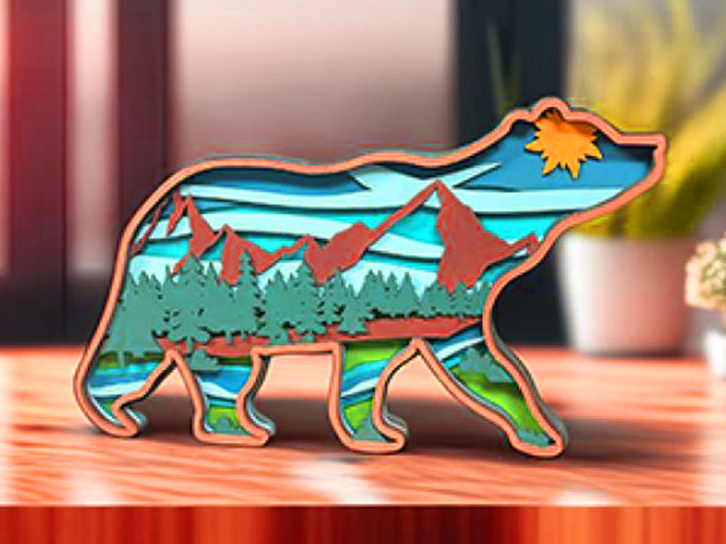 Laser Cut Layered Wood Wall Art 3D Model Bear with a Nature Scene Inside Frame